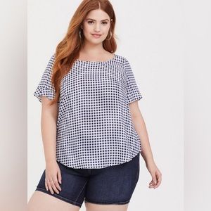 Torrid Navy Gingham Ruffle Challis Blouse, size 12